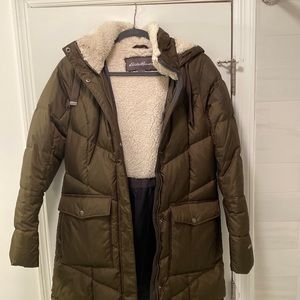 Eddie Bauer olive green down jacket